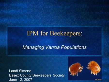 IPM for Beekeepers: Managing Varroa Populations Landi Simone Essex County Beekeepers Society June 12, 2007.