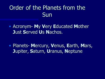 Order of the Planets from the Sun