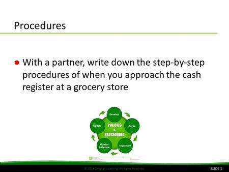 © 2014 Cengage Learning. All Rights Reserved. Procedures ●With a partner, write down the step-by-step procedures of when you approach the cash register.