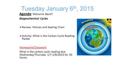 Tuesday January 6 th, 2015 Agenda: Welcome Back!! Biogeochemical Cycles  Review: Policies and Seating Chart  Activity: What is the Carbon Cycle Reading.