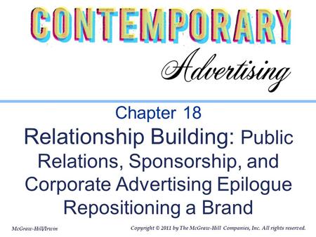 Chapter 18 Relationship Building: Public Relations, Sponsorship, and Corporate Advertising Epilogue Repositioning a Brand.