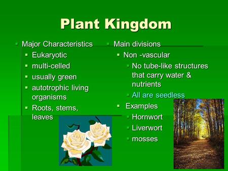 Plant Kingdom  Major Characteristics  Eukaryotic  multi-celled  usually green  autotrophic living organisms  Roots, stems, leaves  Main divisions.