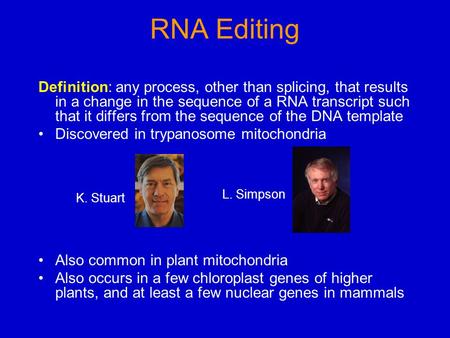 RNA Editing Definition: any process, other than splicing, that results in a change in the sequence of a RNA transcript such that it differs from the sequence.