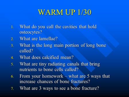 WARM UP 1/30 1. What do you call the cavities that hold osteocytes? 2. What are lamellae? 3. What is the long main portion of long bone called? 4. What.