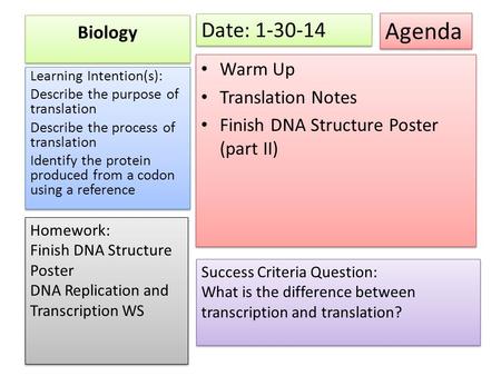 Agenda Date: Biology Warm Up Translation Notes