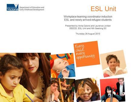 ESL Unit Workplace learning coordinator induction ESL and newly arrived refugee students Presented by Anita Calore and Laurence Jordan DEECD, ESL Unit.