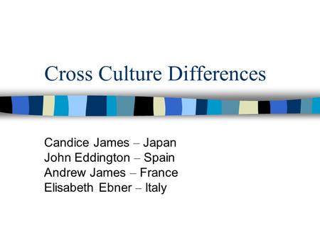 Cross Culture Differences Candice James – Japan John Eddington – Spain Andrew James – France Elisabeth Ebner – Italy.