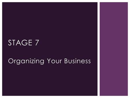 Organizing Your Business STAGE 7. ORGANIZING YOUR BUSINESS 100 200 300500 400 600 700 Sales Revenue (thousands of dollars) 100 200 300 400 500 600 700.