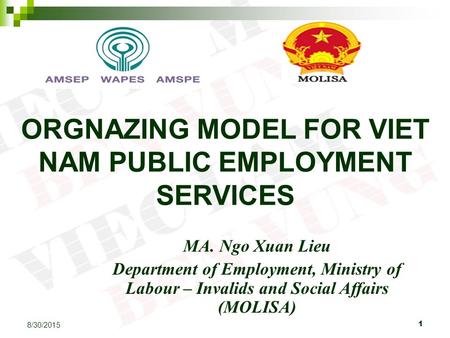 1 8/30/2015 ORGNAZING MODEL FOR VIET NAM PUBLIC EMPLOYMENT SERVICES MA. Ngo Xuan Lieu Department of Employment, Ministry of Labour – Invalids and Social.