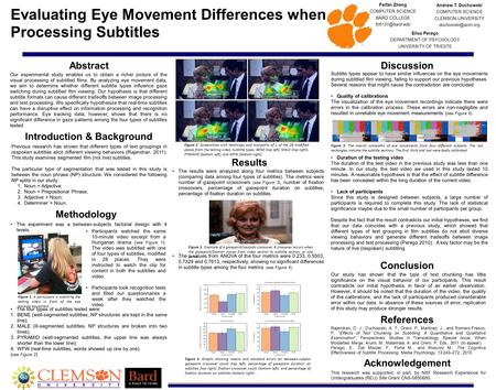 Evaluating Eye Movement Differences when Processing Subtitles Andrew T. Duchowski COMPUTER SCIENCE CLEMSON UNIVERSITY Abstract Our experimental.