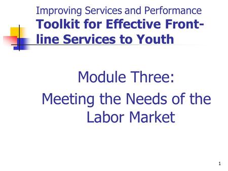 1 Improving Services and Performance Toolkit for Effective Front- line Services to Youth Module Three: Meeting the Needs of the Labor Market.