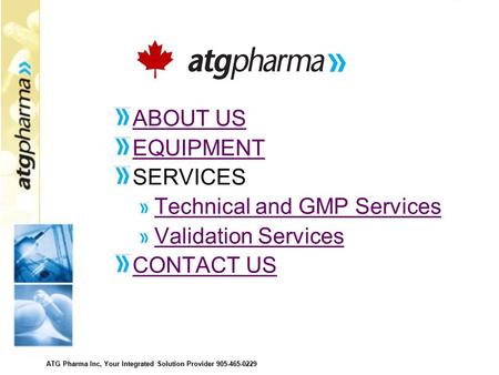 ATG Pharma Inc, Your Integrated Solution Provider 905-465-0229 ABOUT US EQUIPMENT SERVICES Technical and GMP Services Validation Services CONTACT US.
