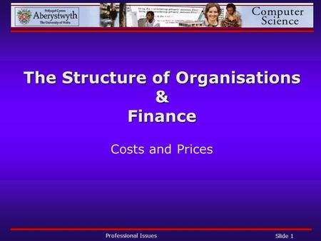 Professional Issues Slide 1 The Structure of Organisations & Finance Costs and Prices.