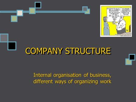 COMPANY STRUCTURE Internal organisation of business, different ways of organizing work.