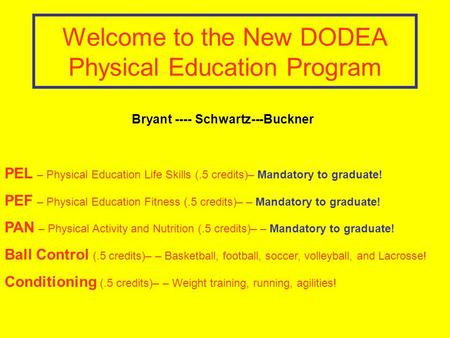 Welcome to the New DODEA Physical Education Program PEL – Physical Education Life Skills (.5 credits)– Mandatory to graduate! PEF – Physical Education.