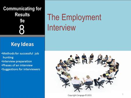 Communicating for Results 9e 8 Key Ideas Methods for successful job hunting Interview preparation Phases of an interview Suggestions for interviewers The.