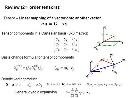 Review (2 nd order tensors): Tensor – Linear mapping of a vector onto another vector Tensor components in a Cartesian basis (3x3 matrix): Basis change.