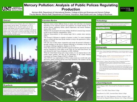 Mercury Pollution: Analysis of Public Polices Regulating Production Kerriann Britt, Department of International Studies, College of Arts and Sciences and.