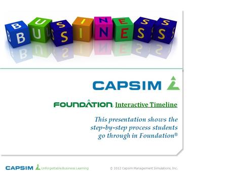 Interactive Timeline This presentation shows the step-by-step process students go through in Foundation® Unforgettable Business Learning © 2012 Capsim.
