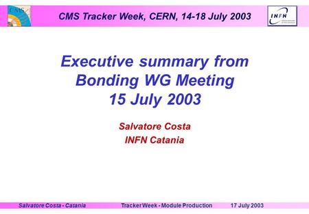 CMS Tracker Week, CERN, 14-18 July 2003 17 July 2003Tracker Week - Module ProductionSalvatore Costa - Catania Executive summary from Bonding WG Meeting.
