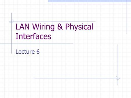 LAN Wiring & Physical Interfaces Lecture 6. Network Interfaces Every device has some form of a network interfaces. A PC has a Network Interface Card (NIC).