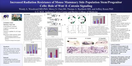 Increased Radiation Resistance of Mouse Mammary Side Population Stem/Progenitor Cells: Role of Wnt/ ß -Catenin Signaling Wendy A. Woodward MD-PhD, Mercy.