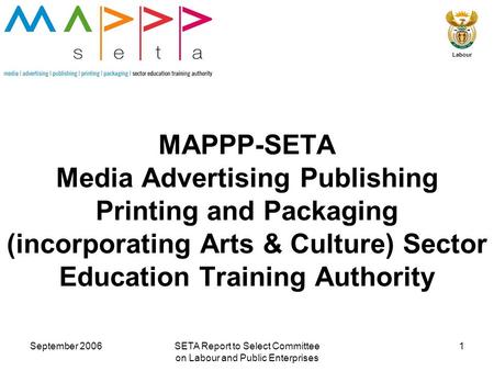 September 2006SETA Report to Select Committee on Labour and Public Enterprises 1 Labour MAPPP-SETA Media Advertising Publishing Printing and Packaging.