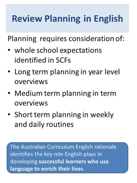 Review Planning in English The Australian Curriculum English rationale identifies the key role English plays in developing successful learners who use.