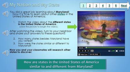 You did a great job learning about Maryland ! Now it is time to learn about other states in the United States of America. states 1.Watch the video about.