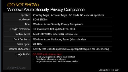 Windows Azure Windows Azure: Security, Privacy, ComplianceTitle: Country Mgrs., Account Mgrs., BG leads, BG execs & speakers Speaker: BDM, ITDMs Audience:
