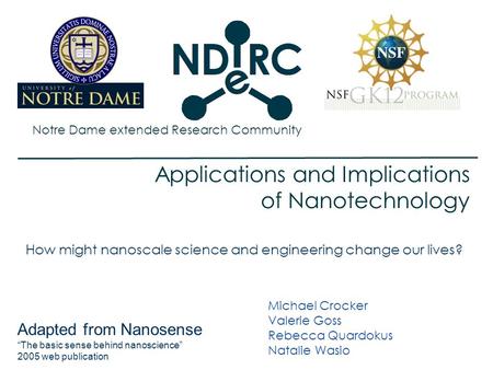 Notre Dame extended Research Community Applications and Implications of Nanotechnology How might nanoscale science and engineering change our lives? Michael.