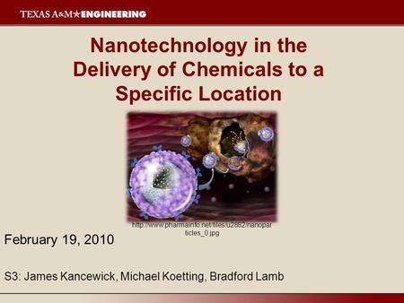 Nanotechnology in the Delivery of Chemicals to a Specific Location February 19, 2010 S3: James Kancewick, Michael Koetting, Bradford Lamb