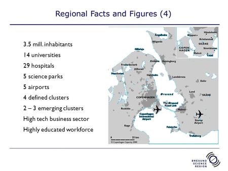 Regional Facts and Figures (4) 3.5 mill. inhabitants 14 universities 29 hospitals 5 science parks 5 airports 4 defined clusters 2 – 3 emerging clusters.