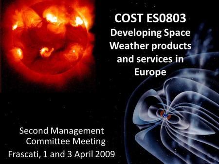 COST ES0803 Developing Space Weather products and services in Europe Second Management Committee Meeting Frascati, 1 and 3 April 2009.