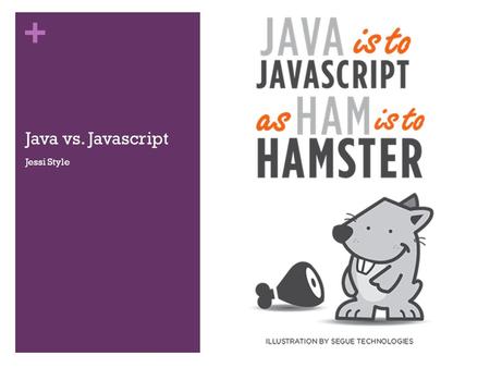 + Java vs. Javascript Jessi Style. + Java Compiled Can stand on its own Written once, run anywhere Two-stage debugging Java is an Object Oriented Programming.