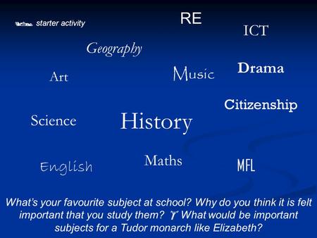  starter activity What’s your favourite subject at school? Why do you think it is felt important that you study them?  What would be important subjects.