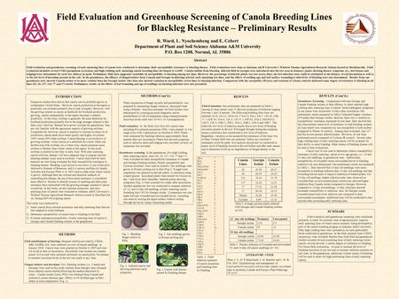 Field Evaluation and Greenhouse Screening of Canola Breeding Lines for Blackleg Resistance – Preliminary Results R. Ward, L. Nyochembeng and E. Cebert.