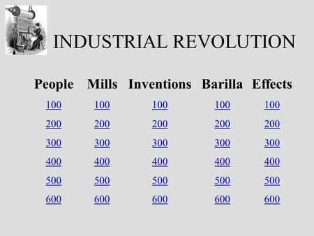 INDUSTRIAL REVOLUTION People 100 200 300 400 500 600 Mills 100 200 300 400 500 600 Inventions 100 200 300 400 500 600 Barilla 100 200 300 400 500 600 Effects.