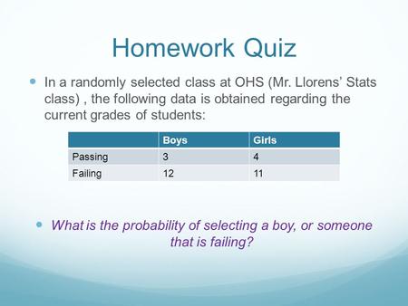 Homework Quiz In a randomly selected class at OHS (Mr. Llorens’ Stats class) , the following data is obtained regarding the current grades of students: