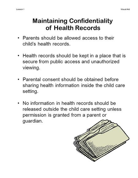 Lesson 1Visual Aid Maintaining Confidentiality of Health Records Parents should be allowed access to their child’s health records. Health records should.