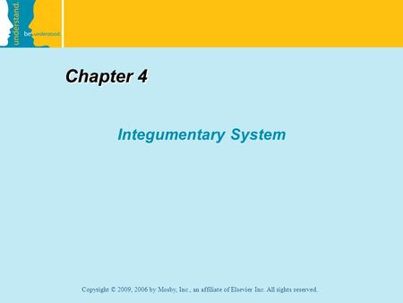 Copyright © 2009, 2006 by Mosby, Inc., an affiliate of Elsevier Inc. All rights reserved. Chapter 4 Integumentary System.
