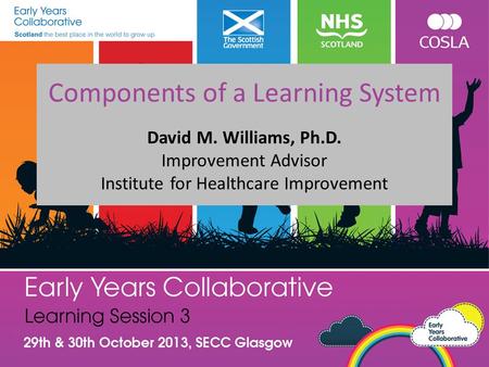 Components of a Learning System David M. Williams, Ph.D. Improvement Advisor Institute for Healthcare Improvement.