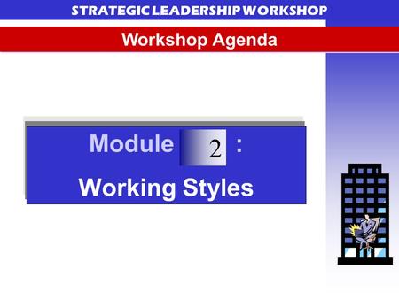 STRATEGIC LEADERSHIP WORKSHOP Workshop Agenda Module : Working Styles 2.