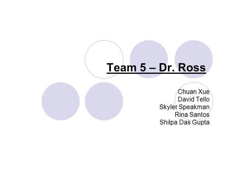 Team 5 – Dr. Ross Chuan Xue David Tello Skyler Speakman Rina Santos Shilpa Das Gupta.