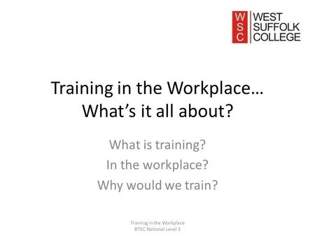 Training in the Workplace… What’s it all about? What is training? In the workplace? Why would we train? Training in the Workplace BTEC National Level 3.