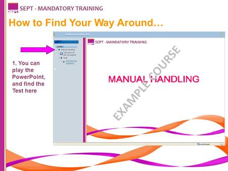 How to Find Your Way Around… SEPT - MANDATORY TRAINING 1. You can play the PowerPoint, and find the Test here EXAMPLE COURSE.