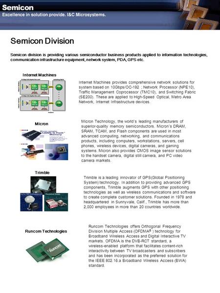 Semicon Division Semicon division is providing various semiconductor business products applied to information technologies, communication infrastructure.