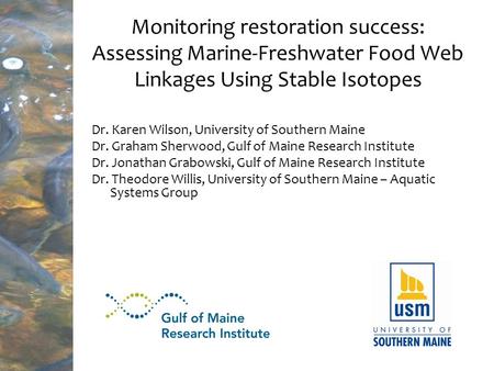 Monitoring restoration success: Assessing Marine-Freshwater Food Web Linkages Using Stable Isotopes Dr. Karen Wilson, University of Southern Maine Dr.