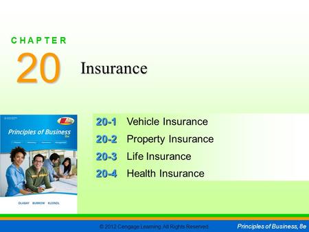 © 2012 Cengage Learning. All Rights Reserved. Principles of Business, 8e C H A P T E R 20 SLIDE 1 20-1 20-1Vehicle Insurance 20-2 20-2Property Insurance.