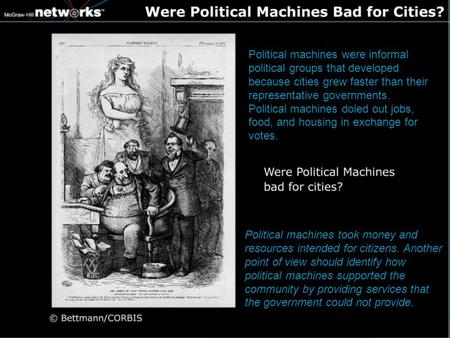 Political machines took money and resources intended for citizens. Another point of view should identify how political machines supported the community.